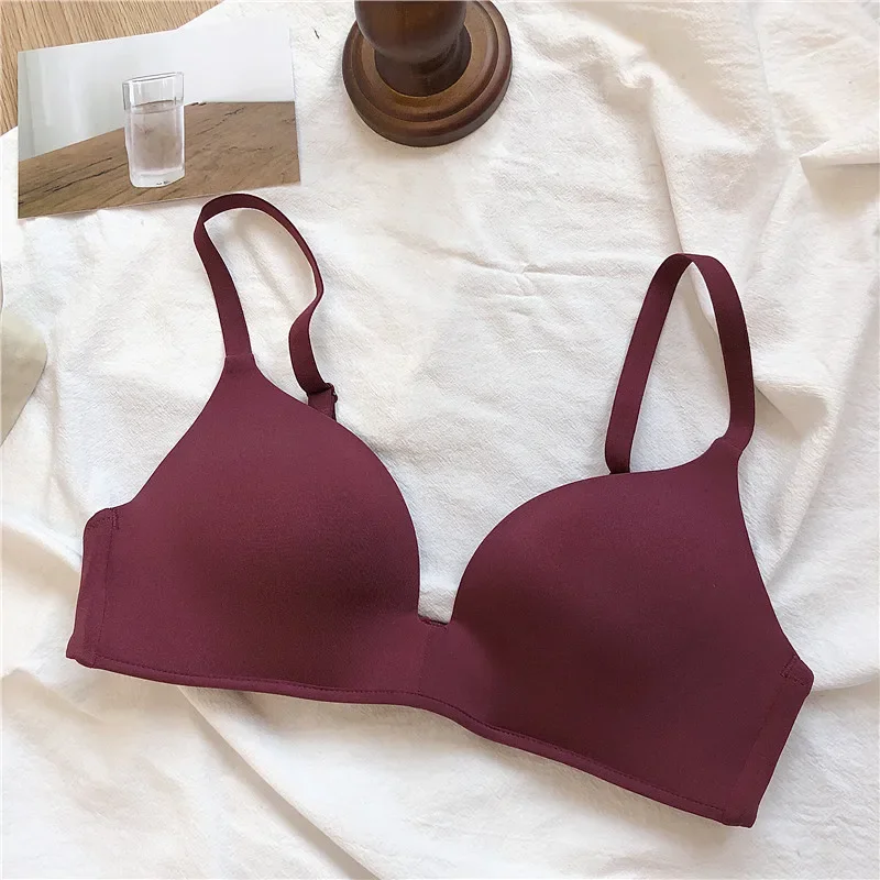 Japanese Seamless Glossy Gathered Underwear Women\'s Simple Pure Color, No Steel Ring, Comfortable Triangular Cup Bra