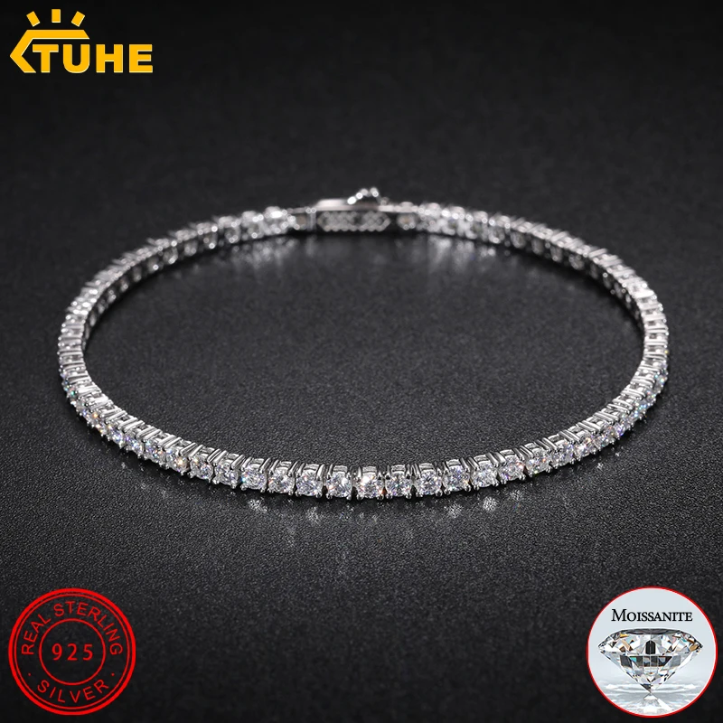 2/2.5mm Full Moissanite Tennis Bracelet for Women Pass Diamond Tester 925 Sterling Silver 18K Gold Plated HipHop Men Jewelry