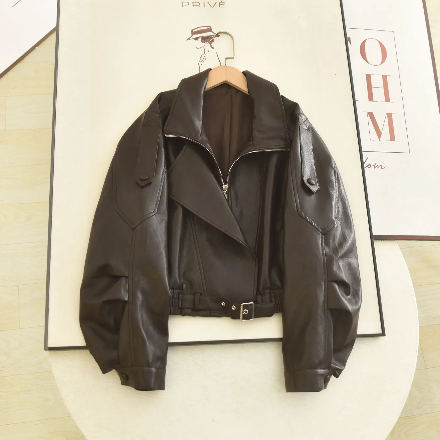 Vintage Faux Pu Coffee Leather Biker Jacket Lapel Zipper Belted Cropped Moto Coat Loose Punk Streetwear Ladies Short Outerwear