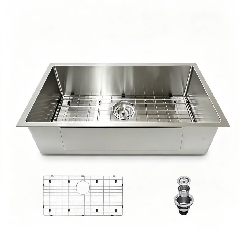 Handcrafted Rectangular 18 Gauge R10 Single Slot Recessed Stainless Steel Kitchen Sink with Bottom Mesh and Filter