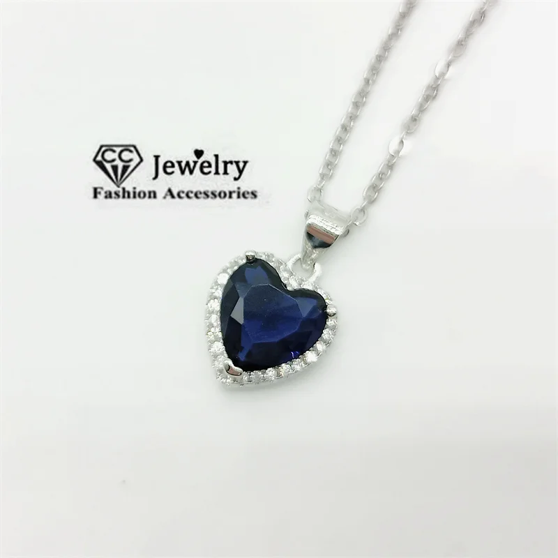 CC Blue Pendant Necklaces For Women Silver Color 45cm Chain Heart Zirconia Love Fashion Accessory Party Jewelry Colar CCN107