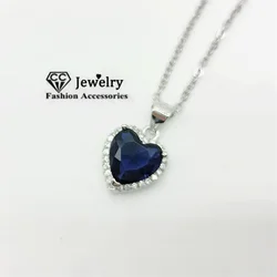CC Blue Pendant Necklaces For Women Silver Color 45cm Chain Heart Zirconia Love Fashion Accessory Party Jewelry Colar CCN107