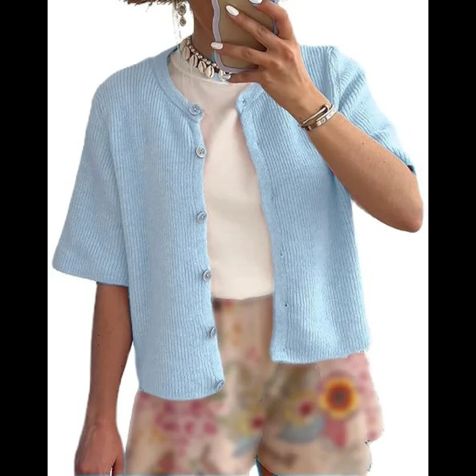 

Button Up Short Sleeve Cardigans Sweaters Women Y2K Knitted Sweater T-shirt Women Loose Fit Knitwear Tops