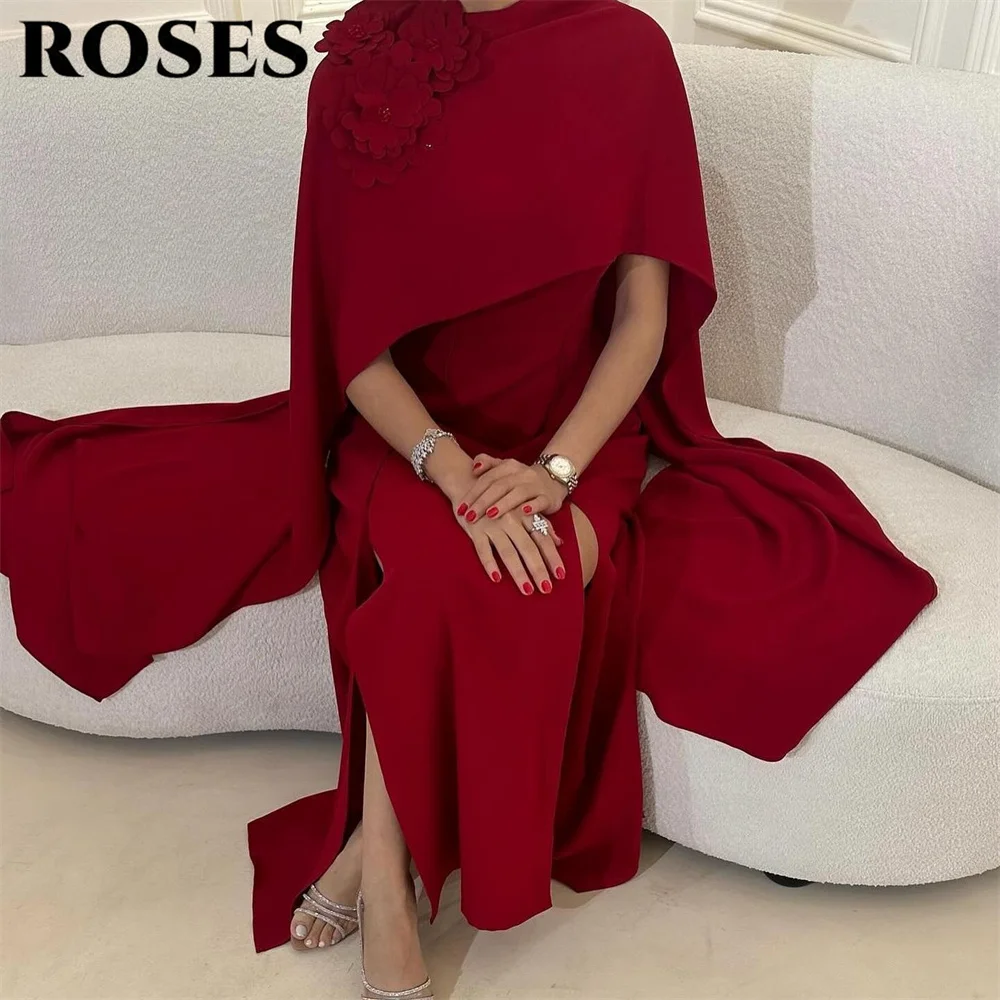 فستان حفلات الزفاف من ROSES باللون العنابي وأكمام عادية للحفلات الراقصة في المملكة العربية السعودية فستان مناسب بفتحة جانبية خاصة حسب الطلب