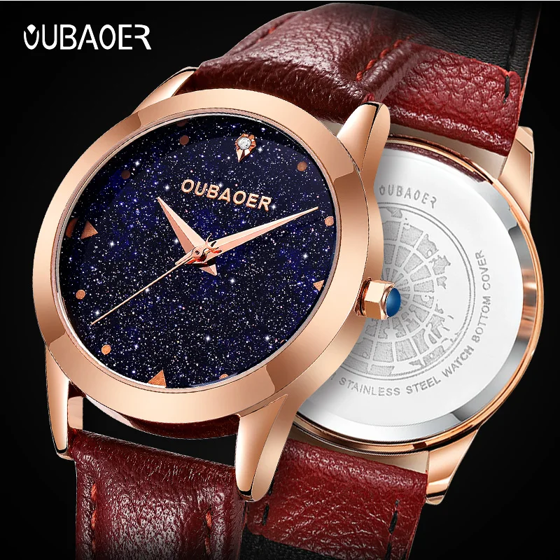 Oubaoer top original diamond quartz women\'s watch fashion starry sky dial leather strap waterproof ladies watch gift for ladies