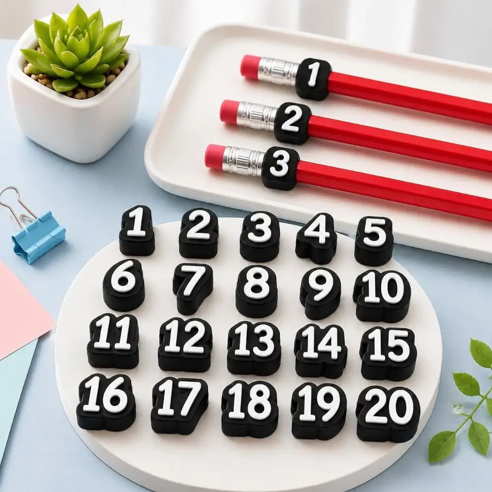 20Pcs Colorful Numbered 1-20 Pencil Caps Toppers Reusable Silicone Pencil Tracking Markers Eraser Protective Caps for Kids