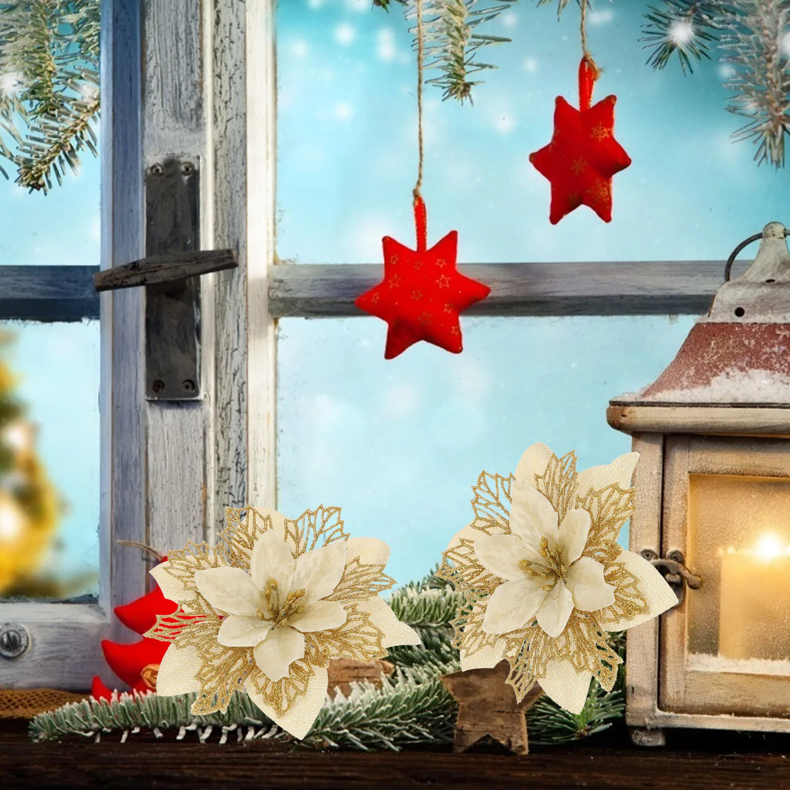 

10Pcs Christmas Flower Decor Artificial Gold Powder Simulation Flower Decoration Xmas Tree Party Adornment Supplies