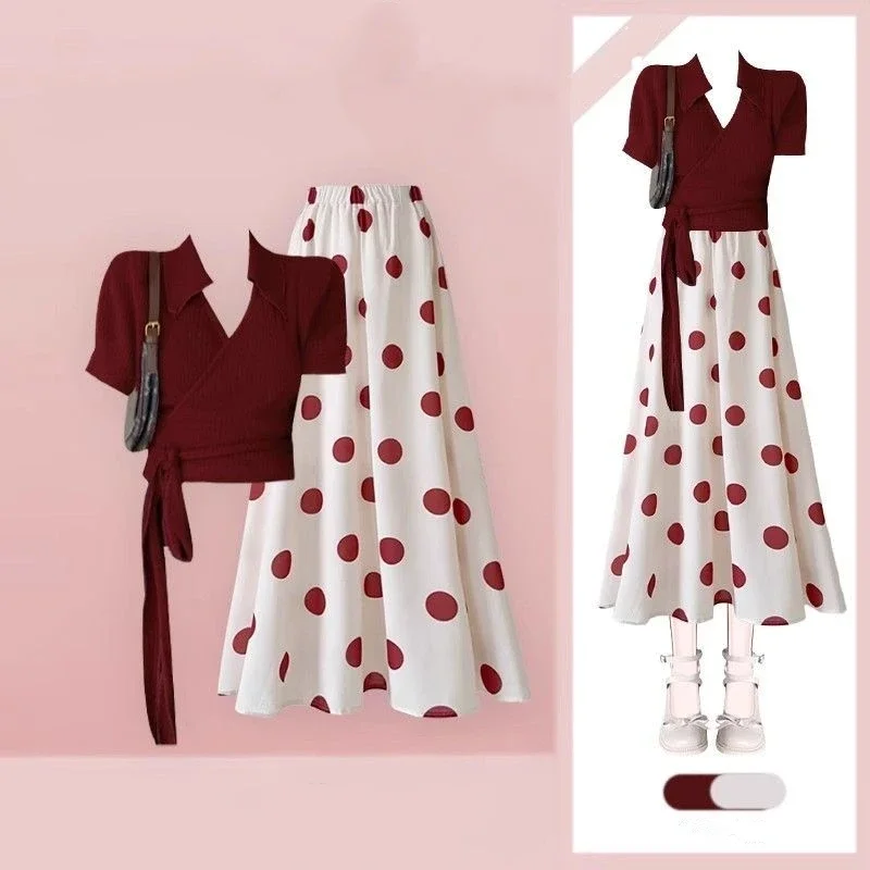 

Women's Summer Retro Graceful Wine Red Polo T-Shirts Skirts 1 or Two Piece Set Boho Lady Lace Up Short Tops Dot Skirt Outfits