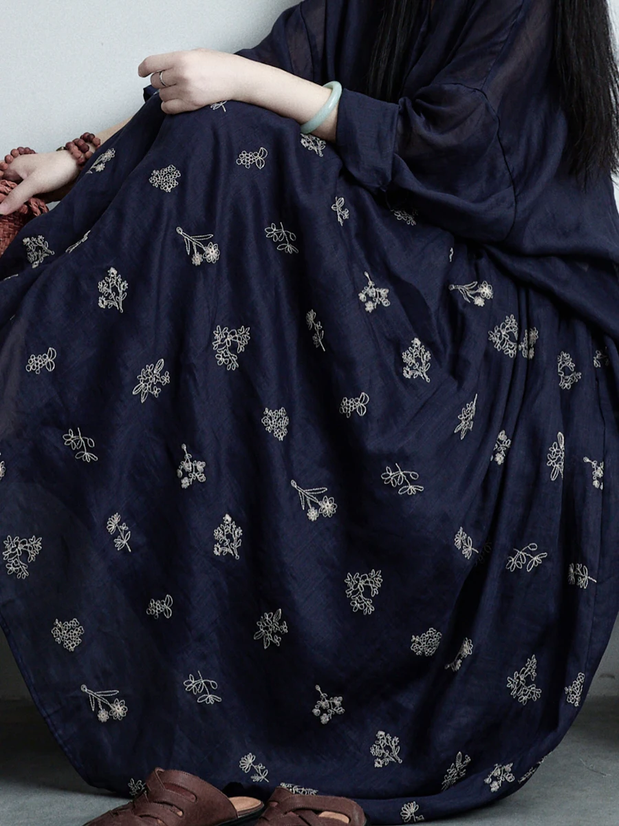 

Original Design Artistic Retro Medium Length Hemp Embroidered Flower Skirt Wide Hemline A-Line Half Body Skirt for Women