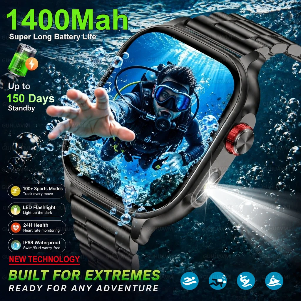 2026 New 1400mAh Battery Smart Watch LED Flashlight 5ATM Waterproof Heart Rate Voice Call Men 100+Sports Smart watchs Men Women
