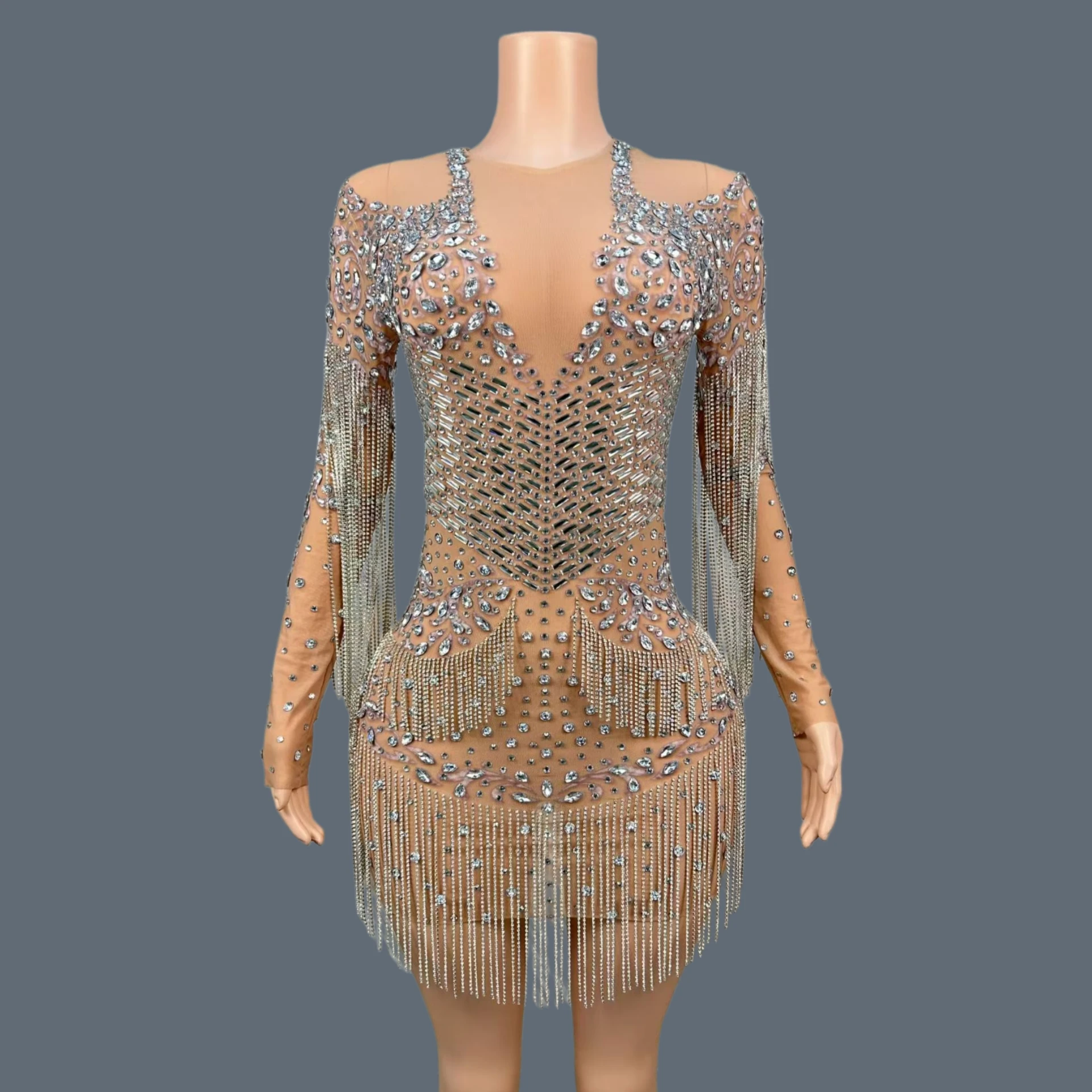 

Luxury Rhinestone Cocktail Dress Women Long Sleeve Evening Party Prom Gown Nightclub Performance Costume Stage Outfit Qiuling