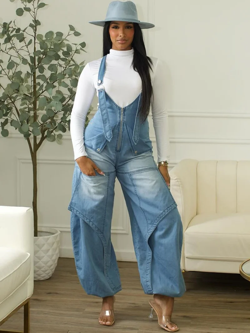 

Уличный джинсовый комбинезон-ромпер на подтяжках, весенняя одежда для женщин 2026, прямые джинсы на молнии, цельный комбинезон-плейсьют, наряд