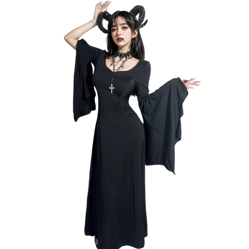 

Women Batwing Sleeve Floor Dress Black Gothic Evil Terror Maxi Mistress Morticia Addam Family Outfit For Adult Halloween Costume