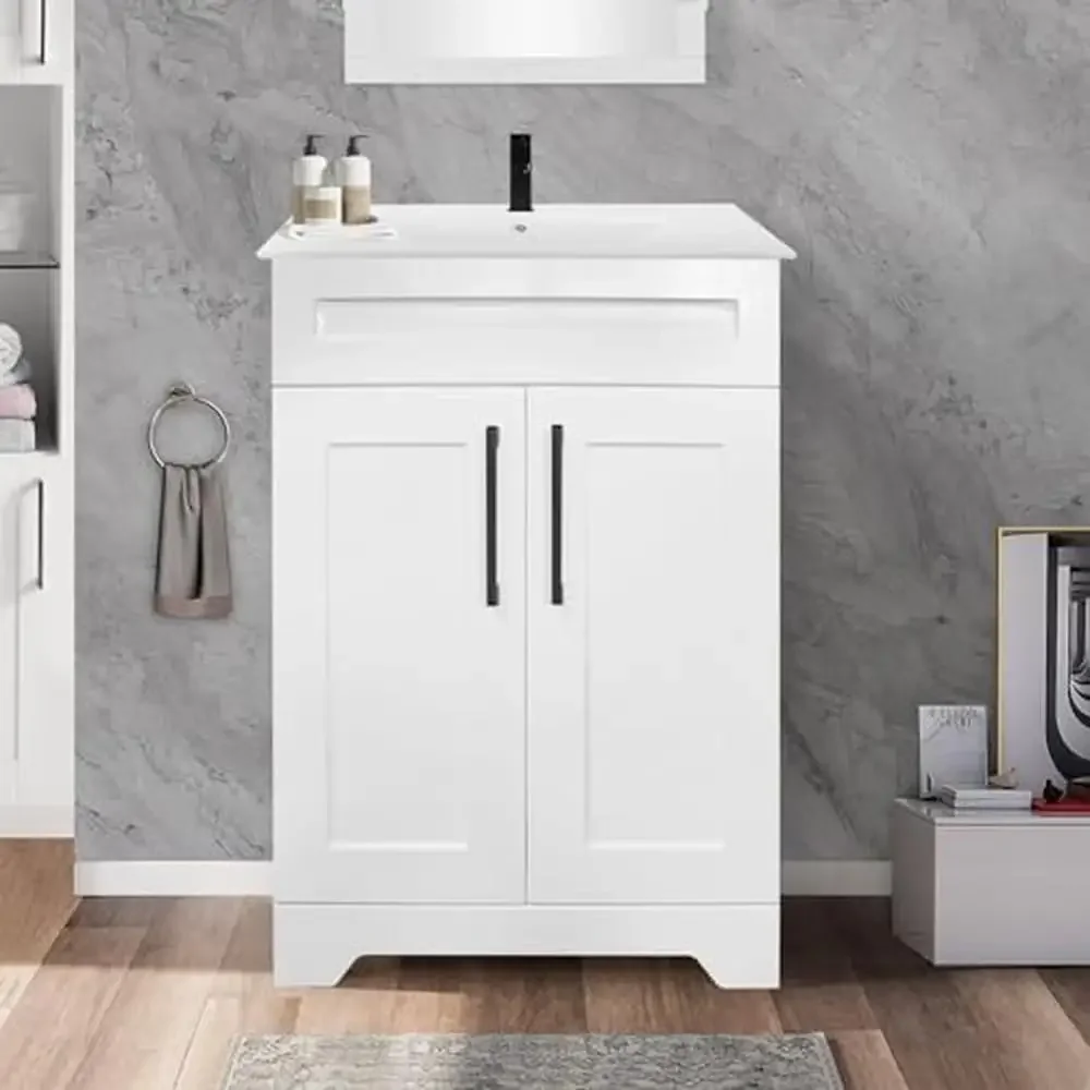 24" White Bathroom Vanity Cabinet Ceramic Sink Combo Double Door Storage Matte Black Faucet Freestanding Modern Style Oversize