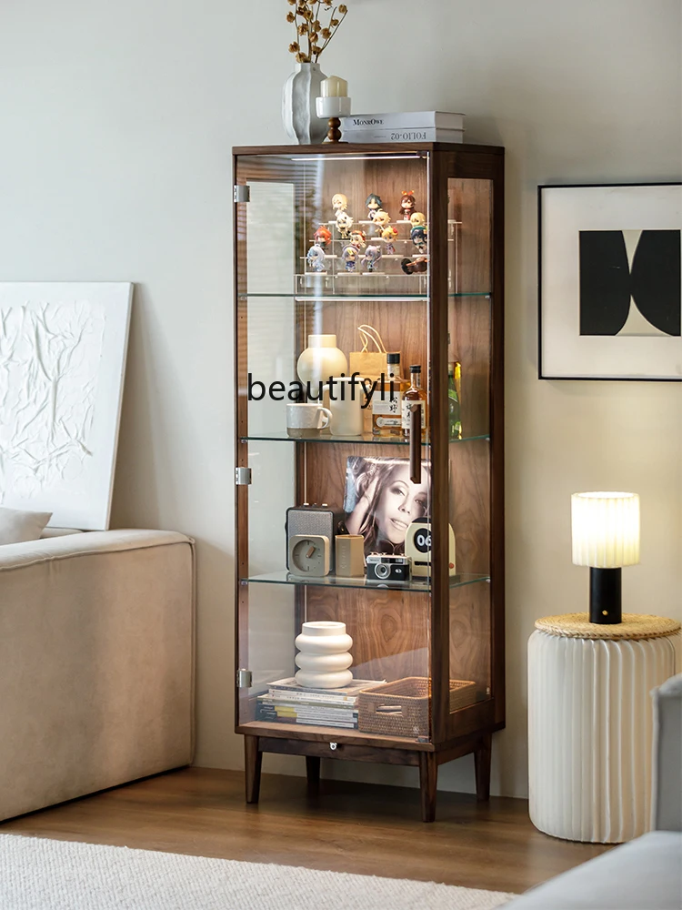 

Black Walnut Display Cabinet Made of Glass Solid Wood Wine Cabinet Hand Cabinet Living Room Simple Modern Bookcase