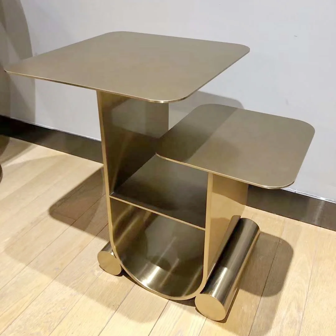 Golden double-layer coffee table square all stainless steel double-layer side table modern furniture