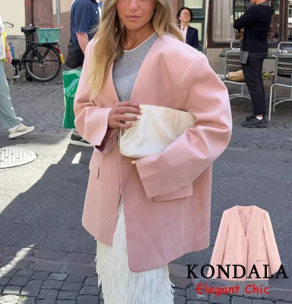 

KONDALA женский розовый пиджак High Street розовый открытый пиджак с v-образным вырезом, свободный 2021, весенне-осенний модный милый элегантный современный женский пиджак