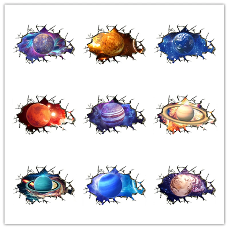 كواكب النظام الشمسي جدارية القمر الشمس الأرض ثلاثية الأبعاد الفينيل جدار الفن ملصقات الإبداعية لغرف الديكور المنزل سقف أرضية خلفية