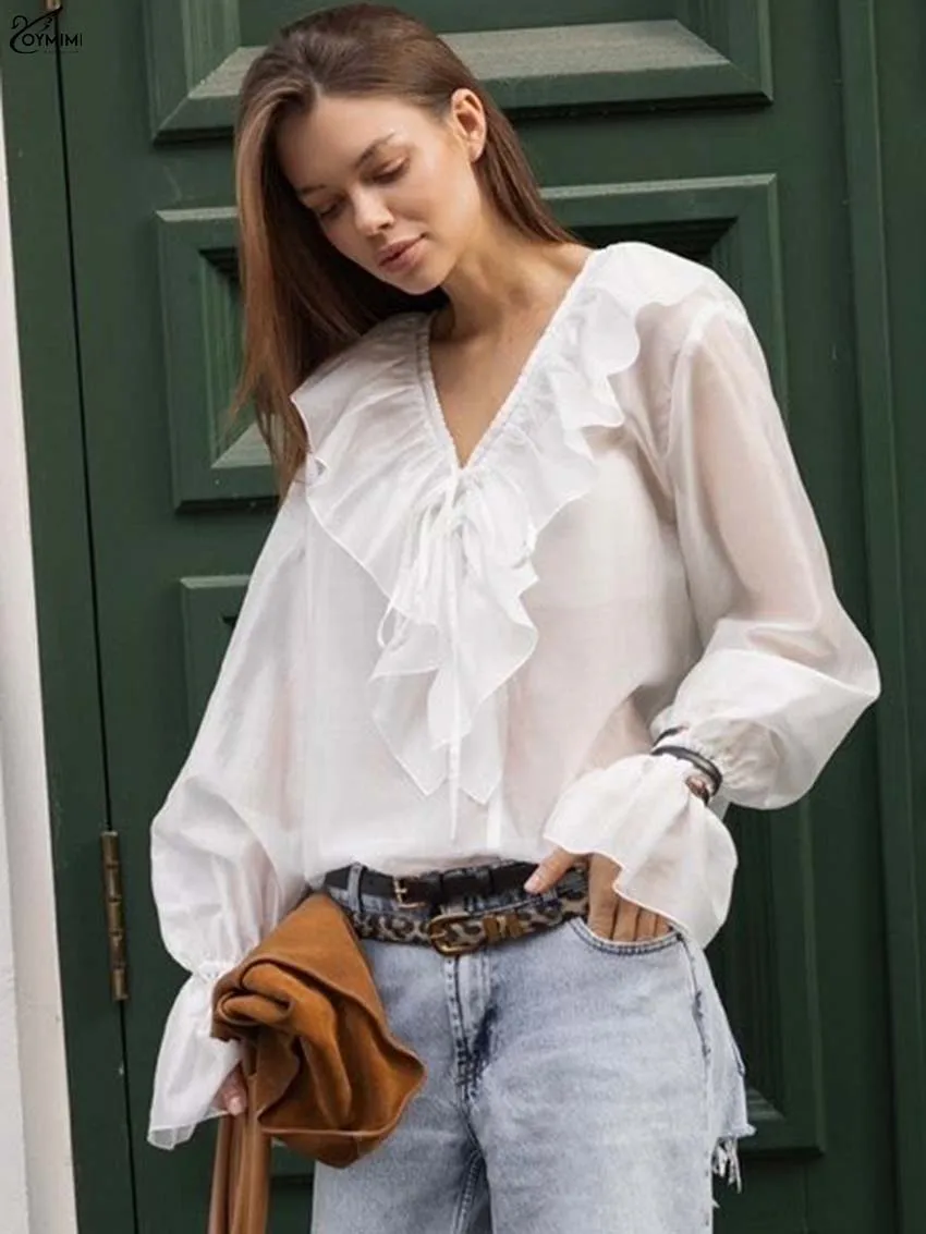 

Oymimi Elegant White V-Neck Women Shirts Fashion Long Sleeve Ruffled Translucent Shirts Casual Lace-Up Loose Shirt Streetwear