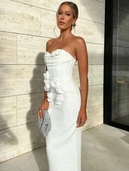 New Women Strapless 3D Florals Bandage Long Dress White Sexy Off the Shoulder Flower Bodycon Dresses Nightclub Party Evening