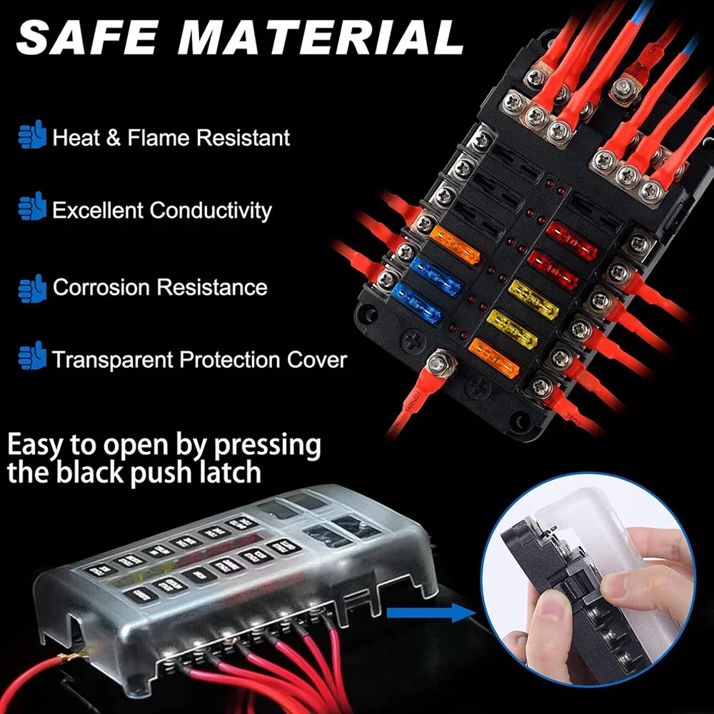 MAX 100A 6/12 Ways Fuse Box LED Warning Indicator 12V Power Distribution Panel Car Boat Fuse Box Holder With Plastic Cover