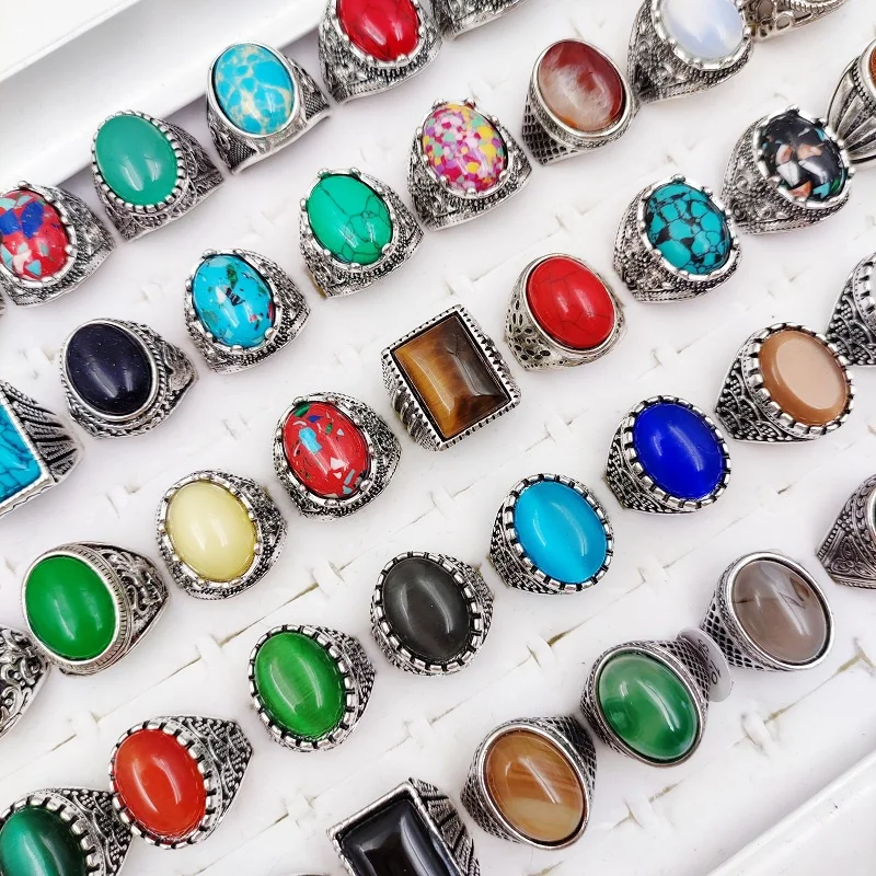 5/10Pcs/Lot Vintage Bohemian Stone Rings for Women and Men Opal Stone Finger Ring Alloy Jewelry Party Gift Accessories Wholesale