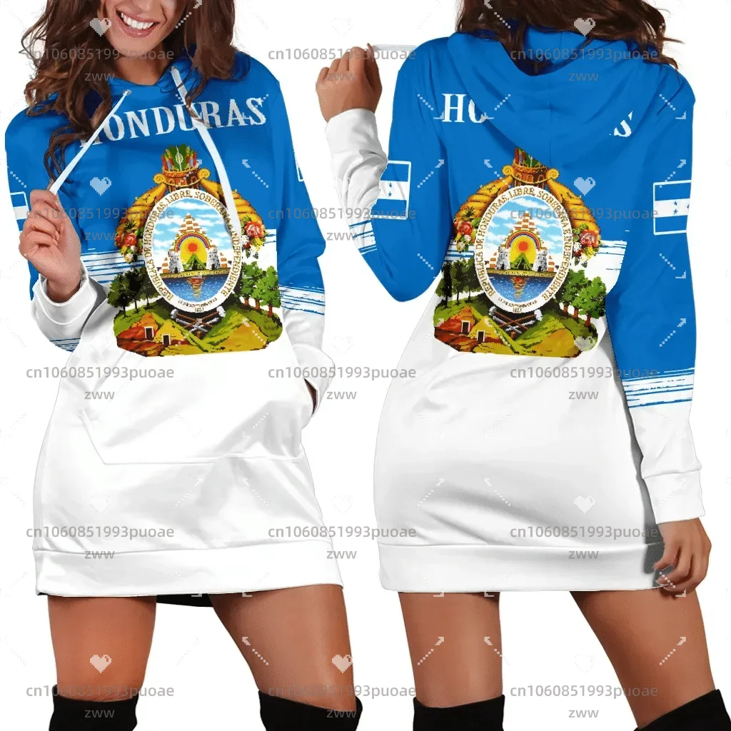 Love Honduras Country Flag New Harajuku Novelty 3D Print Autumn Hoodies Dress Women Casual Wear Long Sleeve Hooded Dress