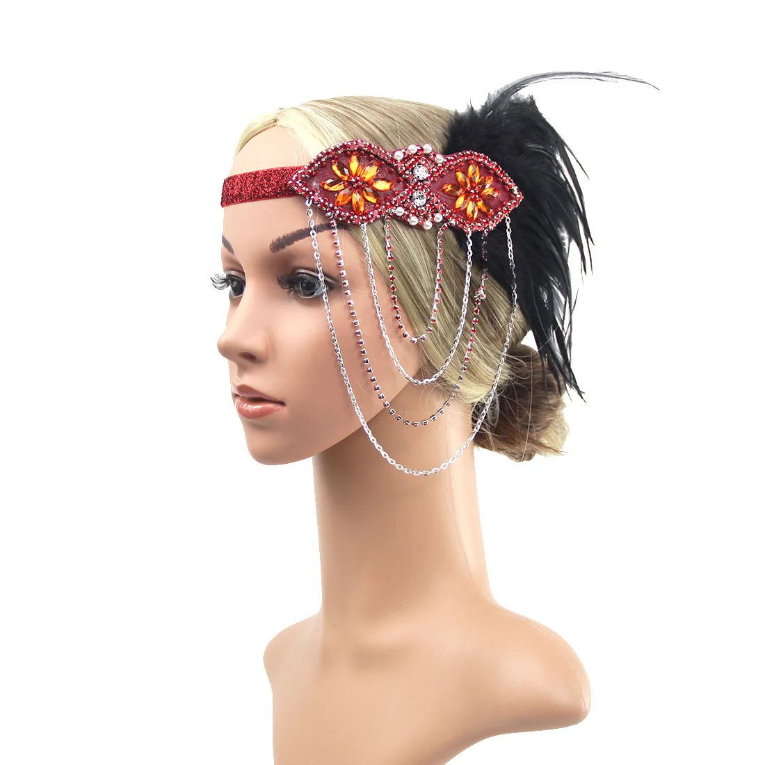 

1920s Flapper Gatsby Feather Headband, 20s Beaded Showgirl Headpiece, Soft Elastic Feather Hair Band