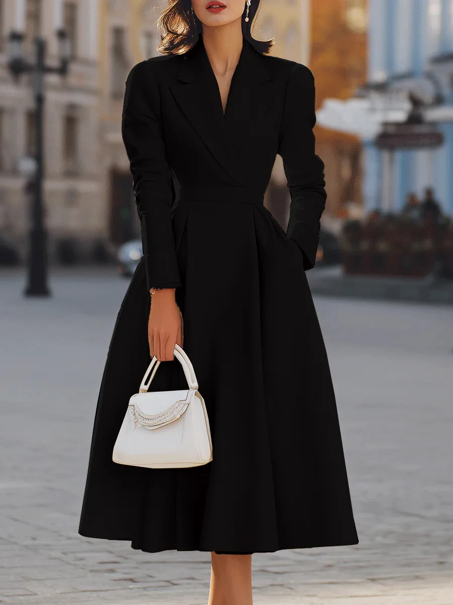

Fashion New Dress Spring Summer Elegant Solid Color Daily Commuting Style Dresses Long Sleeves V-neck High Waist Woman Clothes