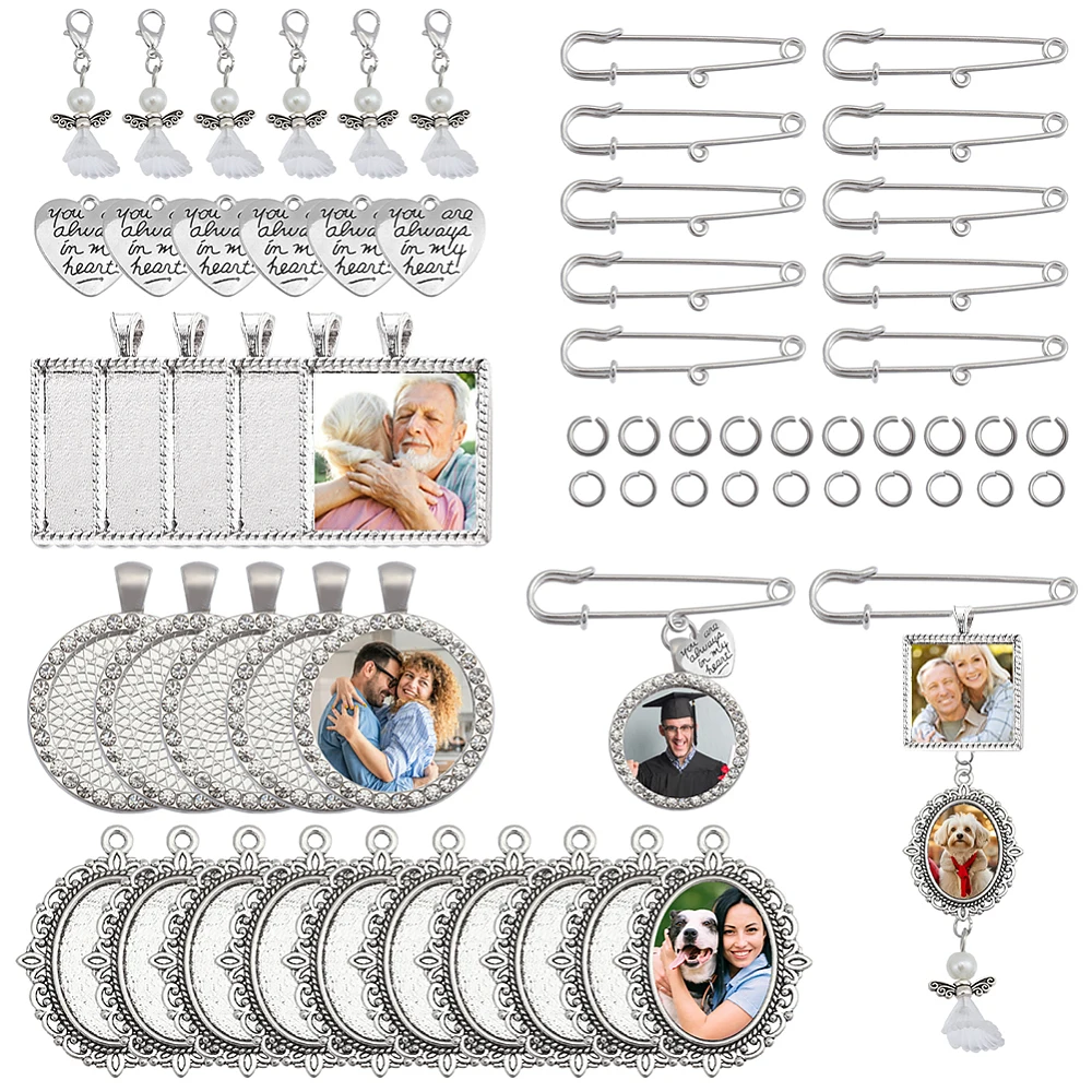 1Box 84Pcs Wedding Bouquet DIY Photo Charm Memorial Bridal Charm Oval Round Pin Brooch Making Kit Heart Memorial Locket Cabochon