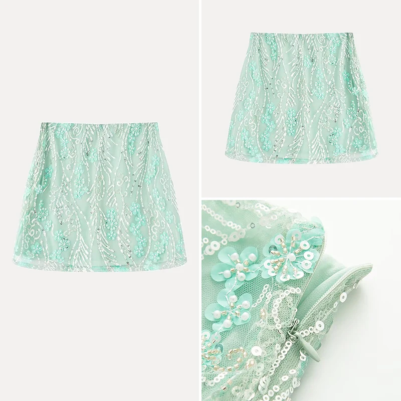 

3D Embroidery Floral Me Sequin f Skirt Summer New Women's Street Sle Midi Skirt Polyester Fiber A-Line ort Skirt