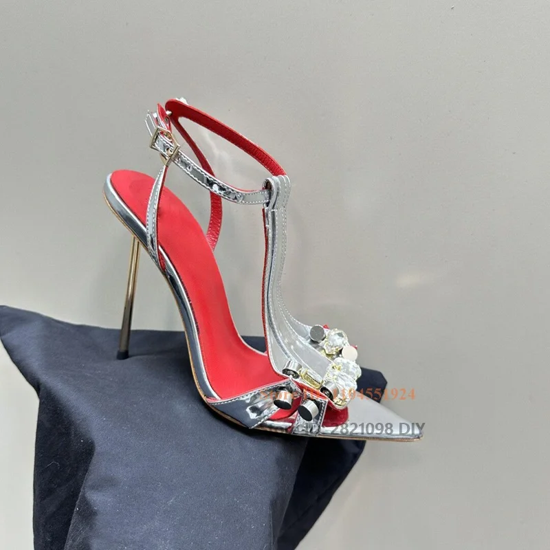 Shiny Big Gems Buckle T-Strap Mixed Color Hasp Pointed Toe Zipper Ankle Wrap High Heel Shoes Women Summer Sandals