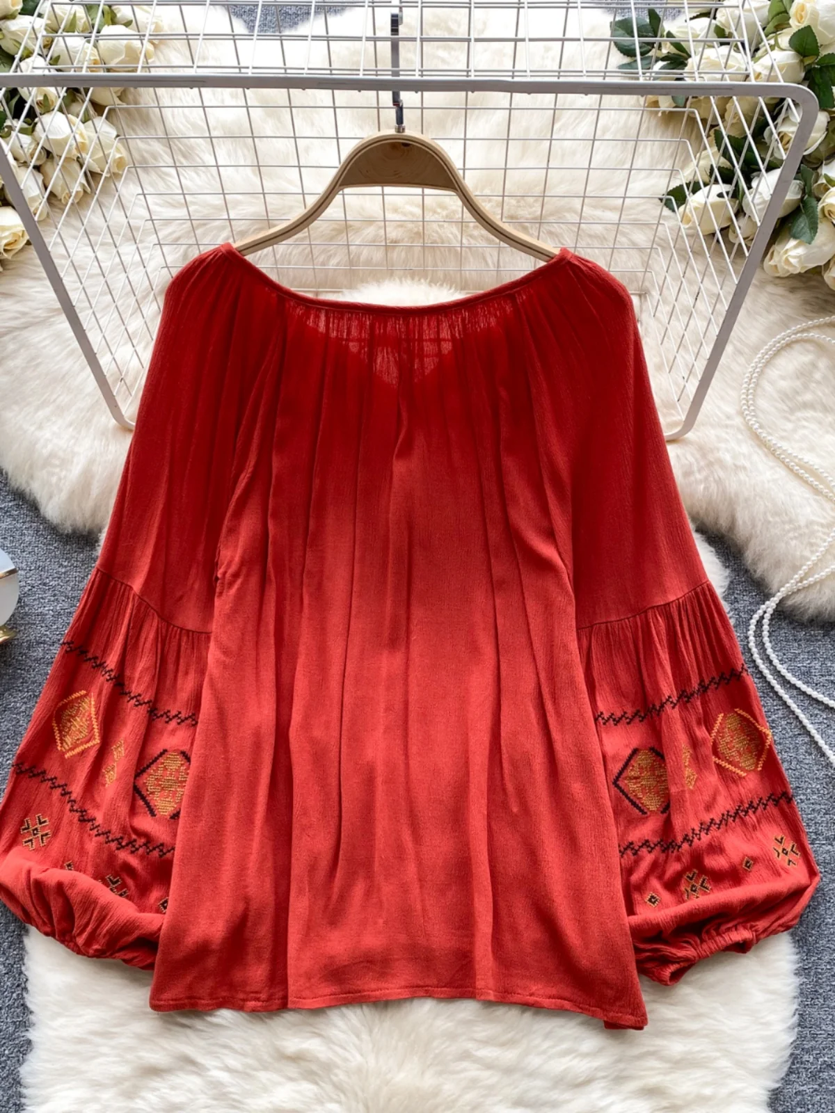 

Retro Ethnic Sle Bubble Sve irt Women's Autumn Belt Design Sensation Fairy T Quali Lightweight Luxury Lady Top