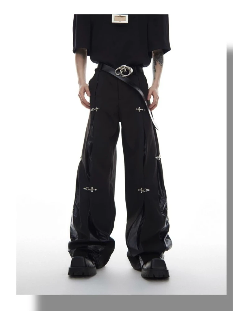 Mens Trousers Harajuku Deconstructed Streetwear Metal Buckle Suit Pants Leather Patchwork Straight Leg Loose Fit Draped Casual view 5