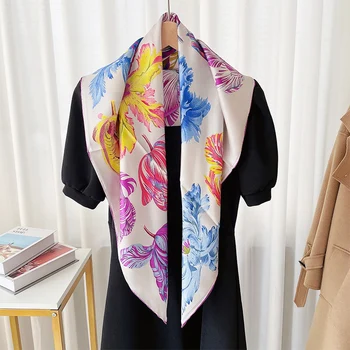 Foulard en soie 90 Floral pour femmes, châle, foulard de tête 100% soie, Hijab pour envelopper les cheveux
