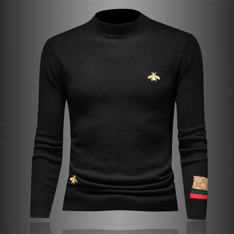 

Мужской вязаный свитер с вышивкой пчелы, повседневный зимний модный свитер из смесовой шерсти с длинными рукавами и высоким воротником