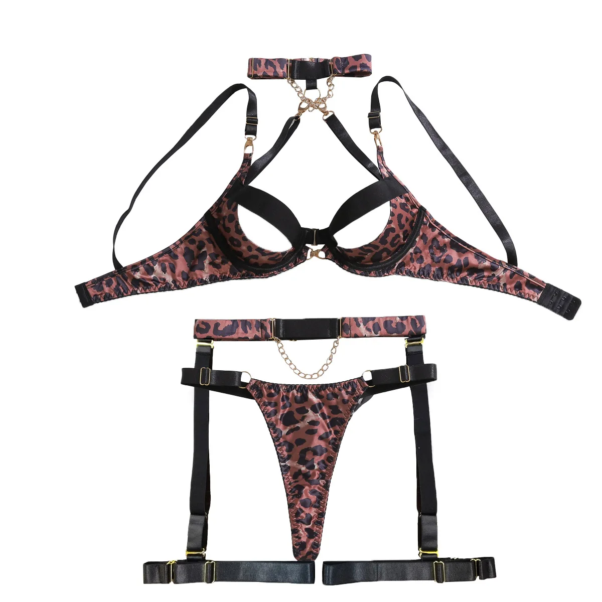 أسود ليوبارد طباعة فتاة حار بقماش شفاف مثير الرسن شرابة تشكيل الملابس الداخلية السروال مجموعة تصميم فريد أسود المرأة مثير مجموعة