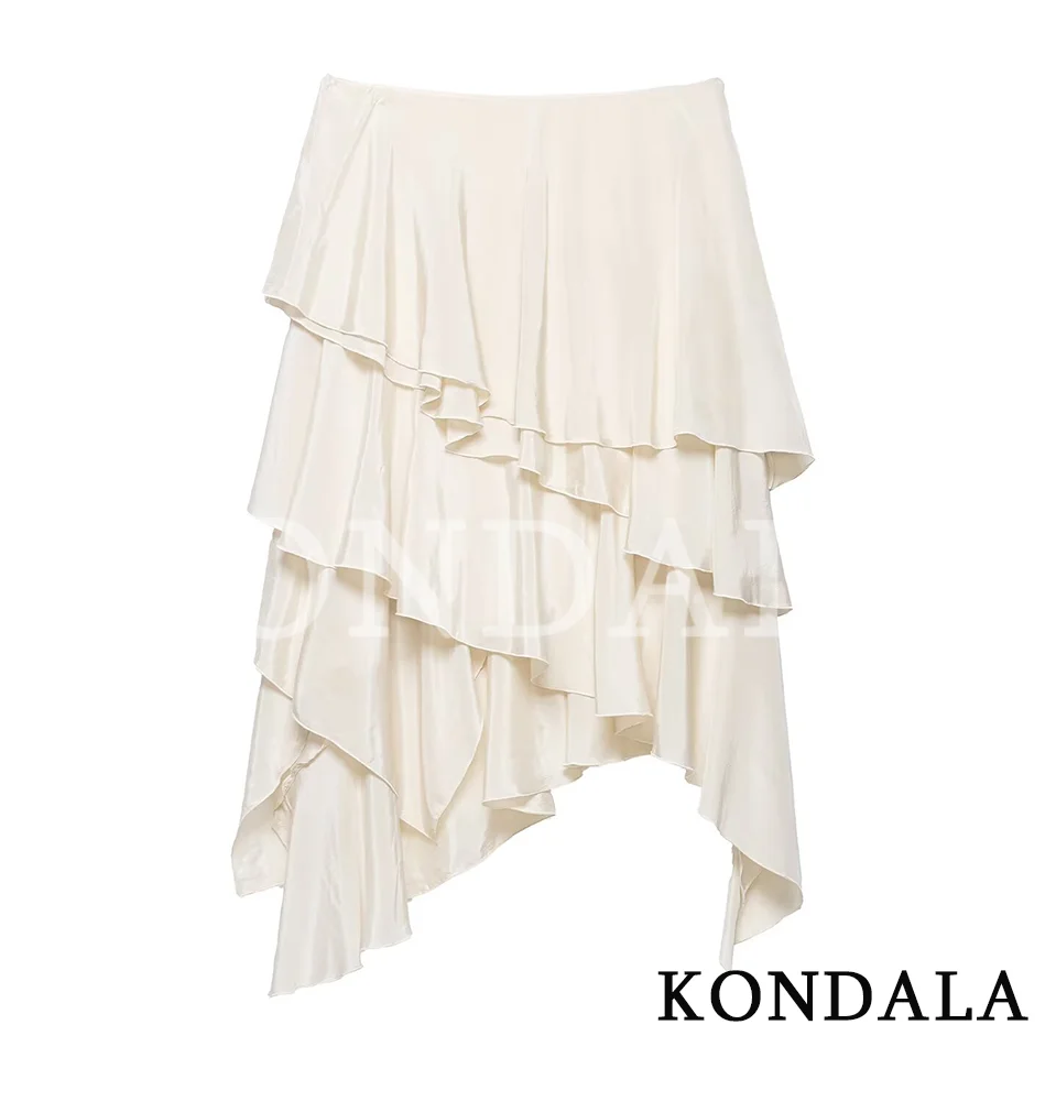 KONDALA Elegant Tiered Ruffled Asymmetrical Skirt Women's Trendy Midi Skirt New 2026 Spring Summer  Fashion Vacation Party Skirt