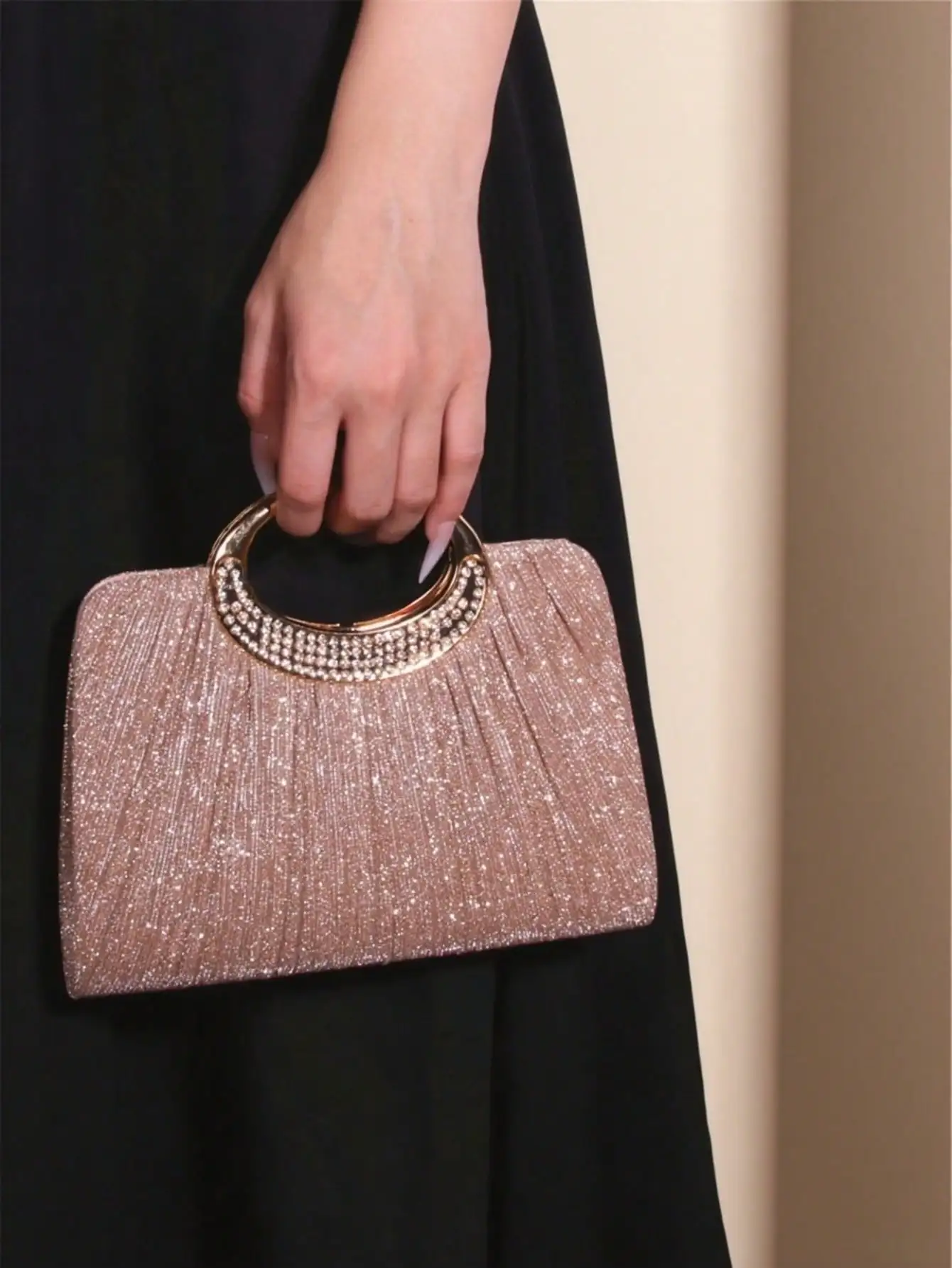 

Клатч из люрекса цвета розового золота с плиссировкой и ручкой со стразами, элегантная вечерняя сумочка для свадеб и вечеринок