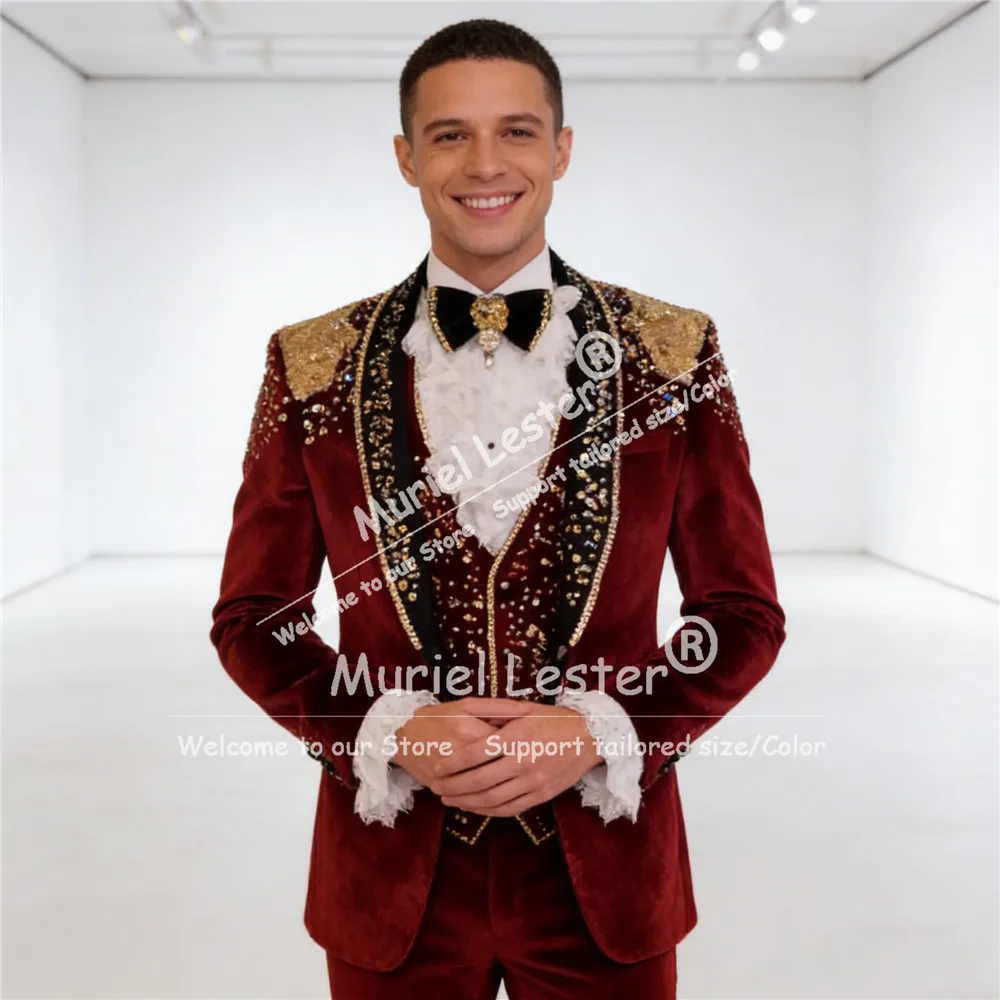 

Изысканный мужской костюм-тройка с черным лацканом, бархатный, на заказ, для жениха, свадебный смокинг, trajes para hombre