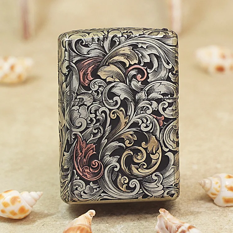 Genuine Zippo Golden leaf Tang grass oil lighter copper windproof cigarette Kerosene lighters Gift with anti-counterfeiting code