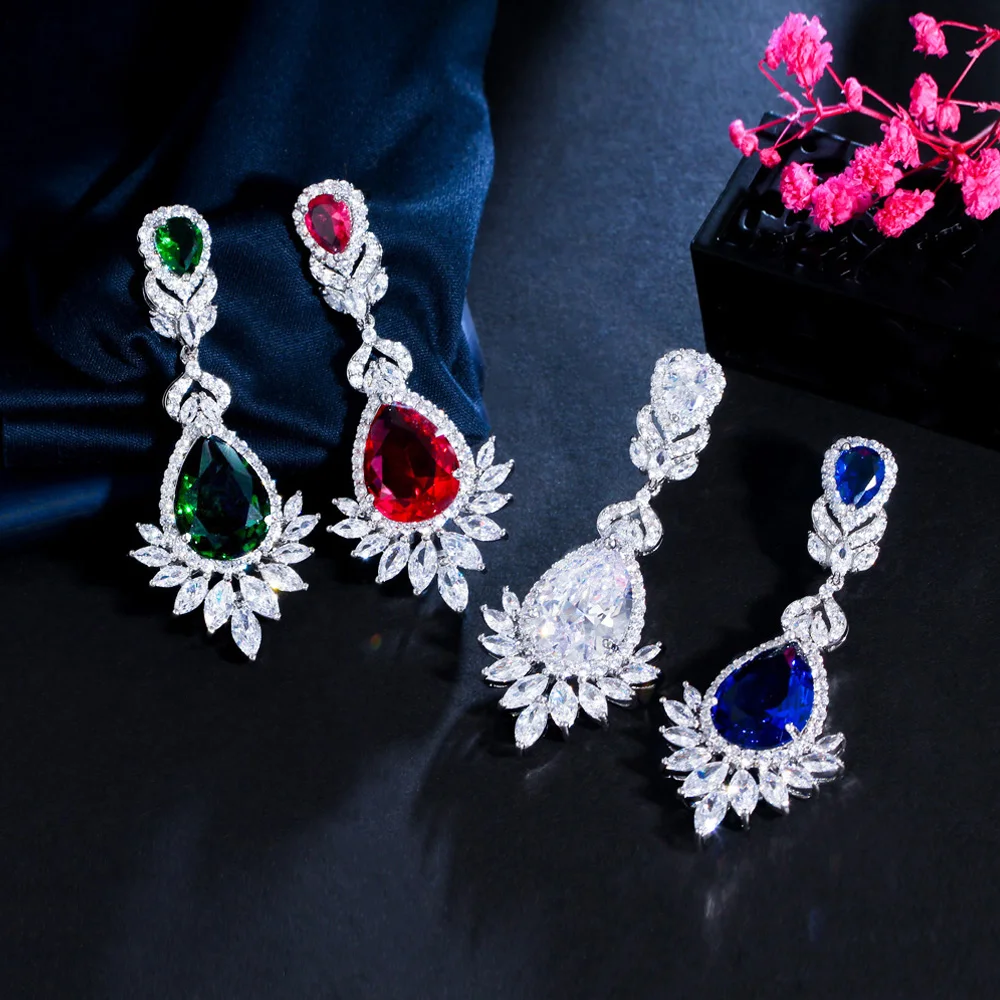 

Pera CZ Brand Luxury Silver Color Big Water Drop Blue Green Zirconia Stone Long Wedding Costume Jewelry Earrings for Brides E002