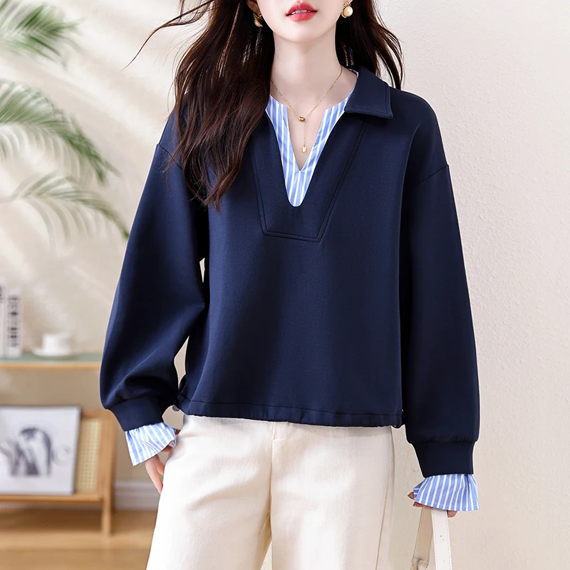 Поддельные двухсекционные толстовки с v-образным вырезом для женщин, новинка 2025, осень-зима, джемпер с завязками по подолу, свободные повседневные пуловеры с длинными рукавами, женские