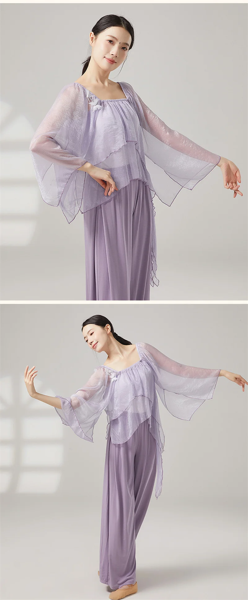 Damen-Oberteil für klassischen Tanz, durchsichtig, locker sitzende Chiffon-Bluse mit fließenden Ärmeln, chinesisches Volkstanz-Übungskostüm für Bühnenauftritte – Detail 4