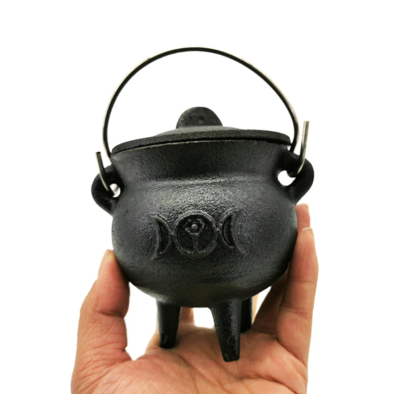 1Pcs Iron Cauldron with Lid Handle Moon Phase Witch Pot Incense Burning Pot for Spells Smudging Ritual Blessings