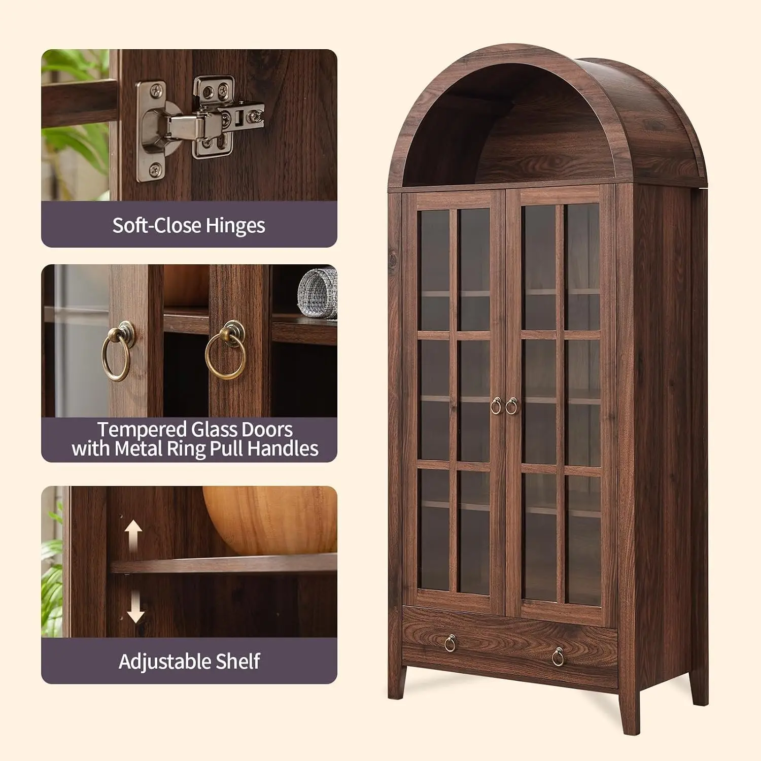 71" Tall Arched Cabinet Bookshelf with Glass Door & Storage Drawer | Modern Farmhouse Display Cabinet,Adjustable, Customized