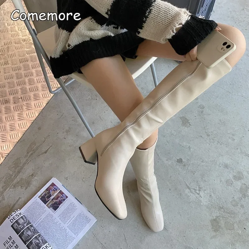 Comemore Woman Knee High Booties Ladies Shoes Platform Thick Heel Leather Zip Woman Fashion Autumn Winter 2024 Women Long Boots