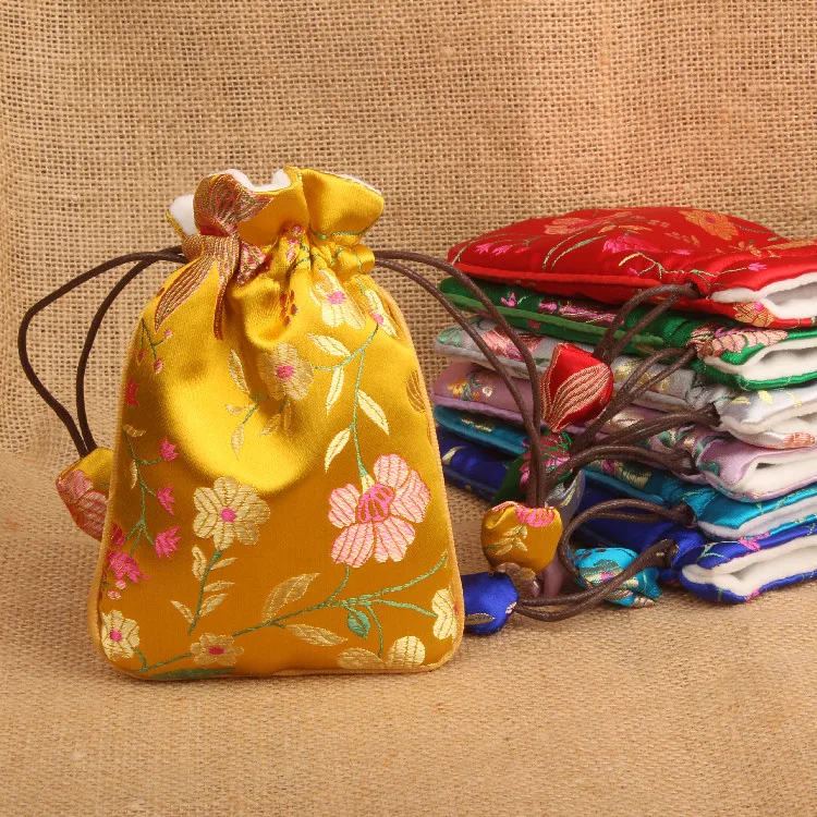 10 Pcs Custom Thicken Small Silk Brocade Drawstring Jewelry Bags Wholesale Fabric Gift Pouches with Velvet lining Storage Bag