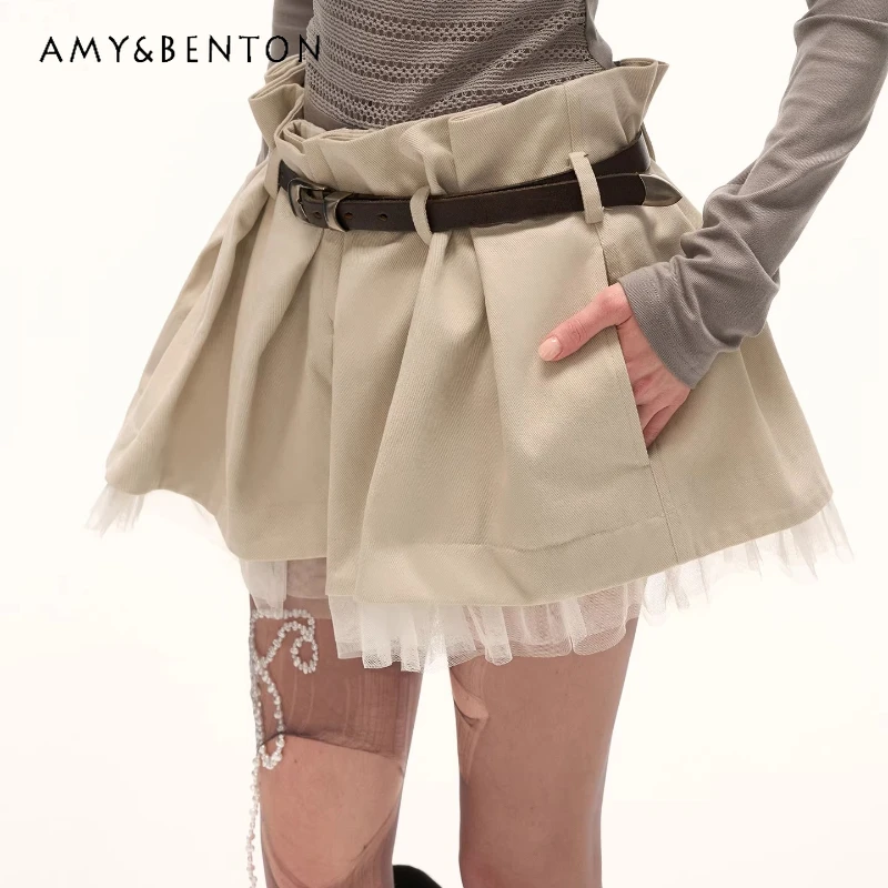 

French Design Workwear Splicing Layered Women's Short Skirt 2025 Autumn Winter New Y2k Belt Versatile Casual Half Skirts Ladies