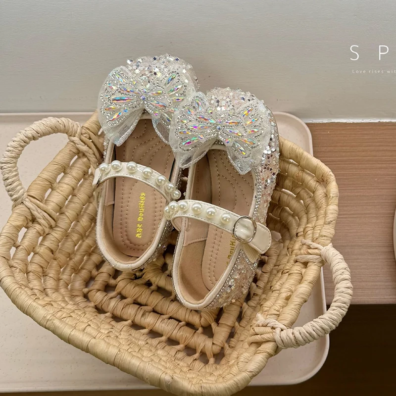 Sweet Princess Heels Girls Girls Jeweled Mary Janes Sparkly Rhinestone Dress Shoes Pearl & Bowknot, kid's Birthday Party Pumps